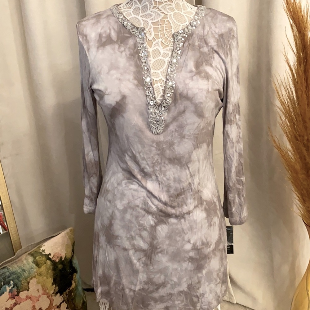 INC zen tie dye beaded long sleeve tunic top size M